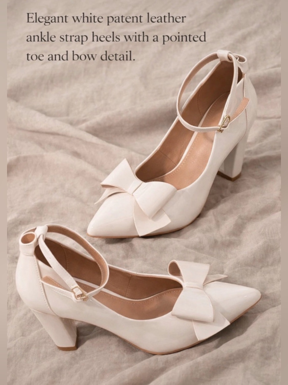 Patent Leather Ankle-Strap Heels with Bow – White